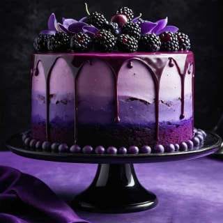Purple ombre drip cake with blackberries, cherries, and floral decoration from Cake Influenza bakery in Dumdum